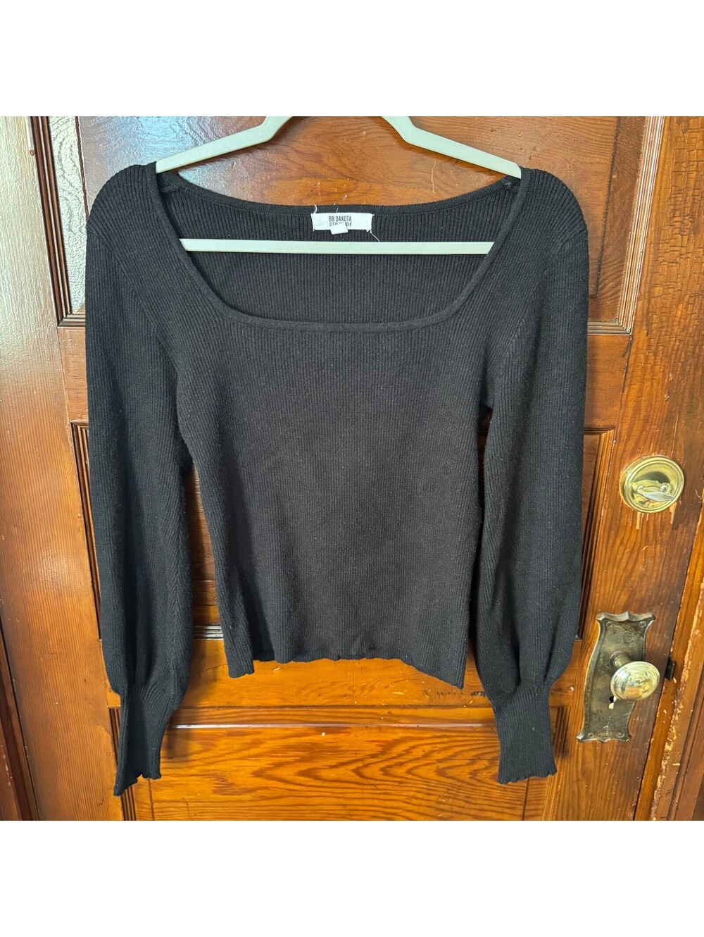 Romantic Dark academia Black Ribbed Square Neck Puff-sleeve Sweater